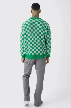 Tall Fluffy Knit Checkered Sweatshirt | BoohooMAN UK