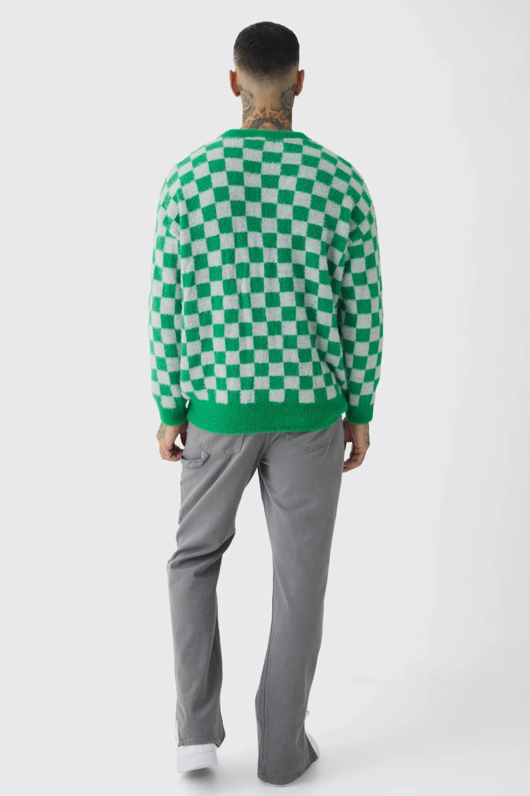 Tall Fluffy Knit Checkered Sweatshirt | BoohooMAN UK
