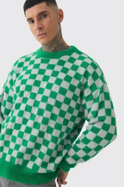 Tall Fluffy Knit Checkered Sweatshirt | BoohooMAN UK