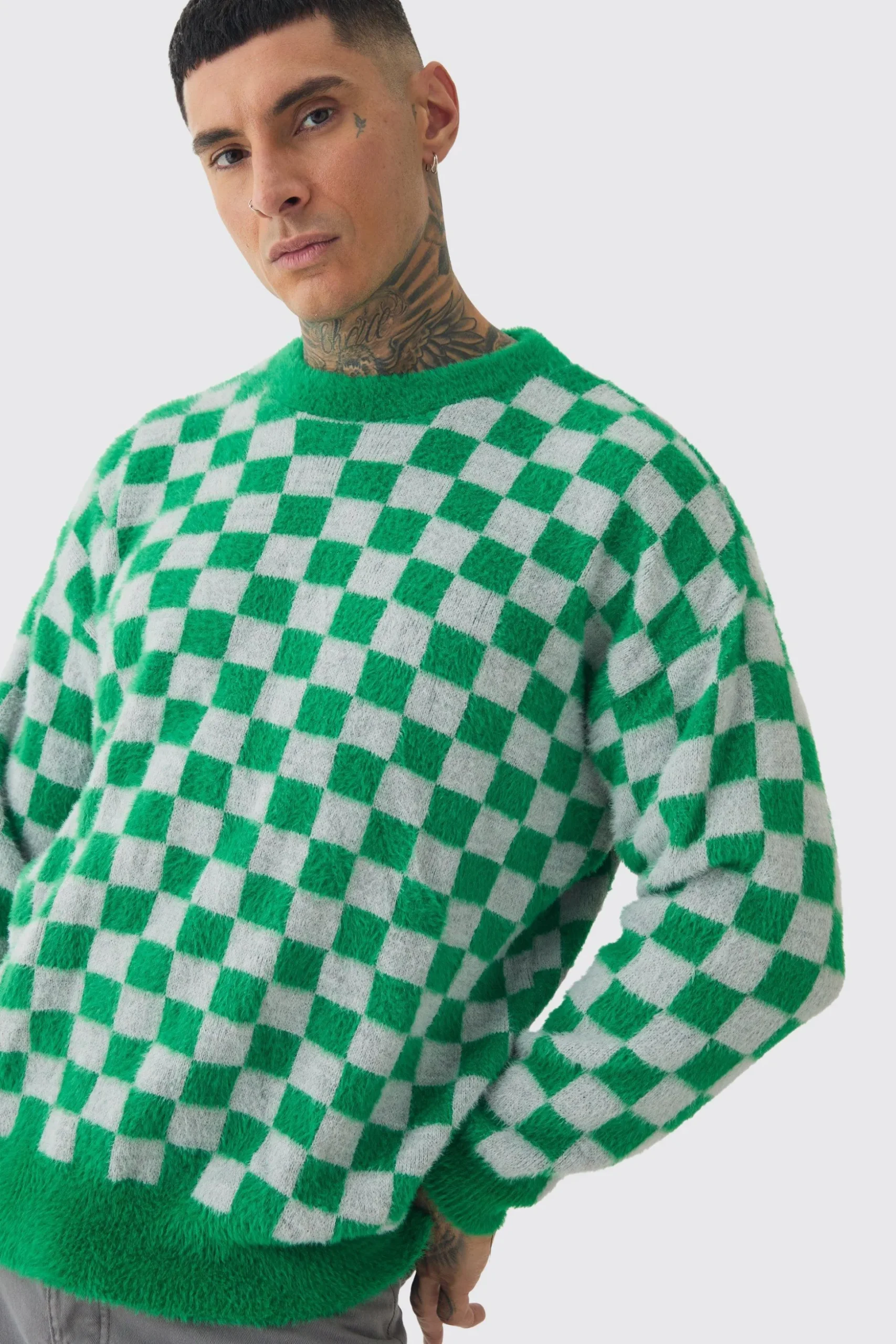 Tall Fluffy Knit Checkered Sweatshirt | BoohooMAN UK