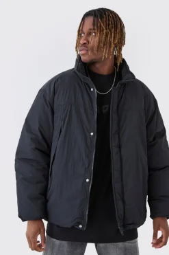Tall Funnel Neck Padded Jacket In Black | BoohooMAN UK