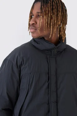 Tall Funnel Neck Padded Jacket In Black | BoohooMAN UK