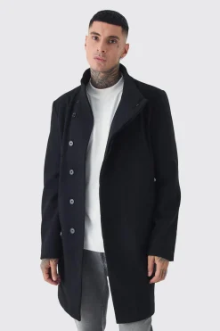 Tall Funnel Neck Wool Look Overcoat In Black | BoohooMAN UK