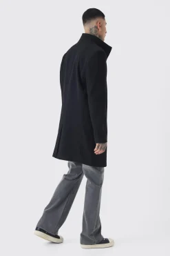 Tall Funnel Neck Wool Look Overcoat In Black | BoohooMAN UK