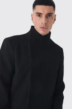 Tall Funnel Neck Wool Look Overcoat In Black | BoohooMAN UK
