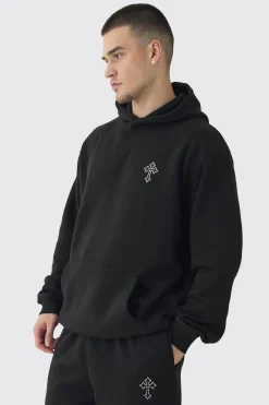 Tall Gothic Cross Embroidered Hooded Tracksuit | BoohooMAN UK
