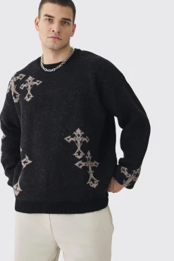 Tall Gothic Cross Oversized Fluffy Knitted Sweat | BoohooMAN UK
