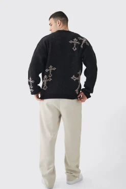 Tall Gothic Cross Oversized Fluffy Knitted Sweat | BoohooMAN UK