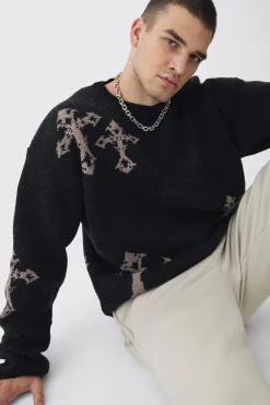 Tall Gothic Cross Oversized Fluffy Knitted Sweat | BoohooMAN UK