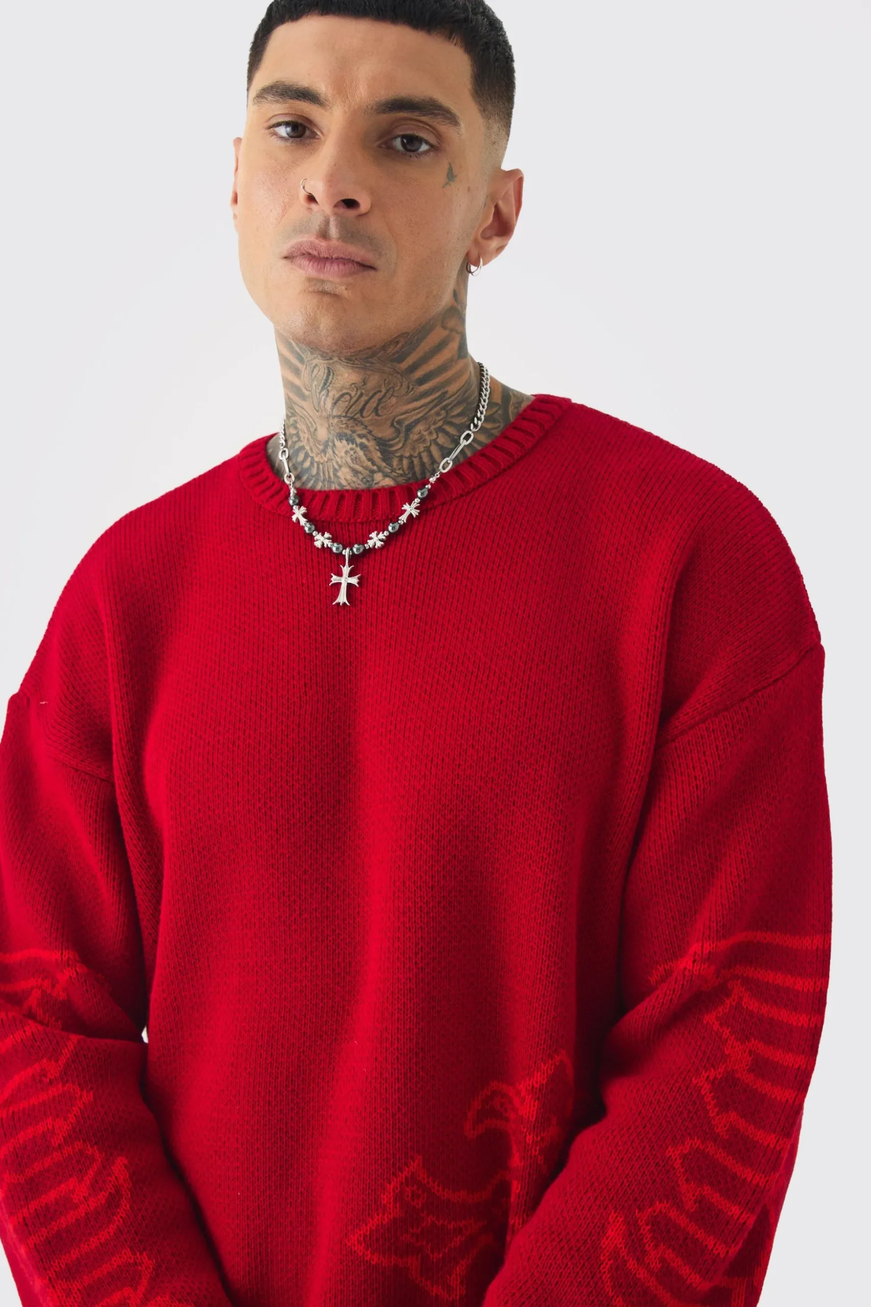 Tall Gothic Cross Oversized Knitted Sweat | BoohooMAN UK