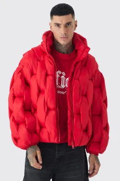 Tall Hand Weft Padded Puffer Jacket In Red | BoohooMAN UK