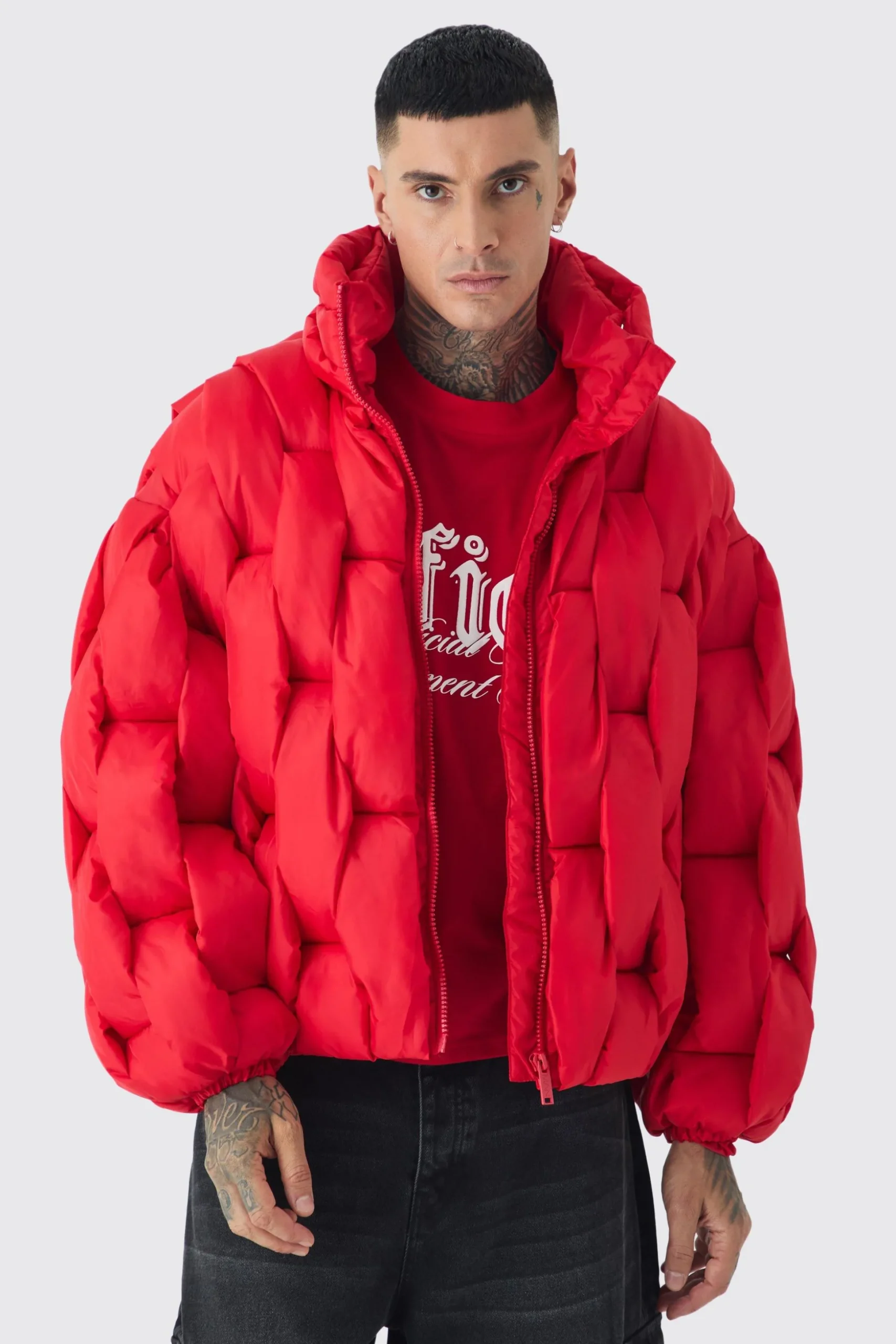 Tall Hand Weft Padded Puffer Jacket In Red | BoohooMAN UK