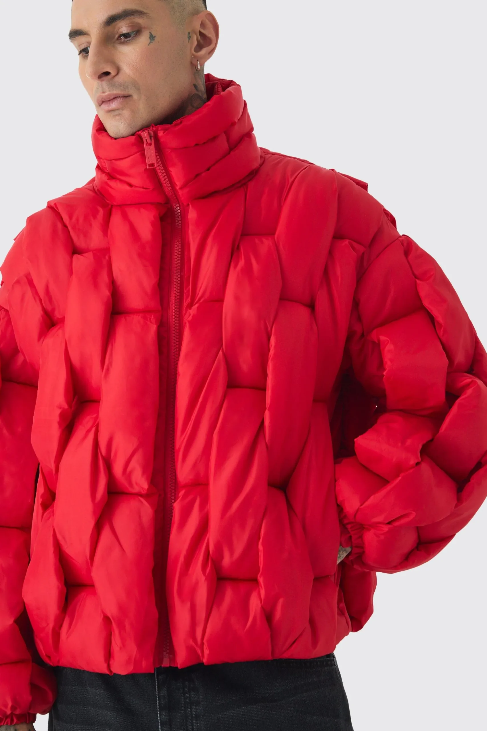 Tall Hand Weft Padded Puffer Jacket In Red | BoohooMAN UK