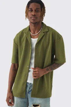 Tall Herringbone Detail Revere Shirt In Khaki | BoohooMAN UK