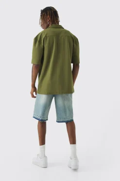 Tall Herringbone Detail Revere Shirt In Khaki | BoohooMAN UK