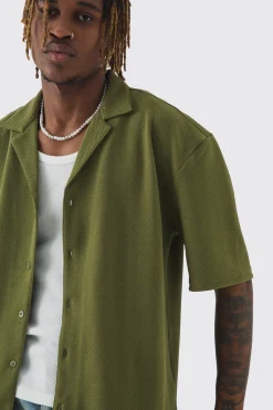 Tall Herringbone Detail Revere Shirt In Khaki | BoohooMAN UK