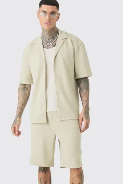 Tall Herringbone Detail Shirt & Short Set In Stone | BoohooMAN UK