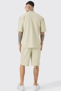 Tall Herringbone Detail Shirt & Short Set In Stone | BoohooMAN UK
