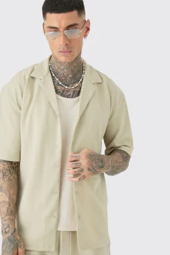 Tall Herringbone Detail Shirt & Short Set In Stone | BoohooMAN UK