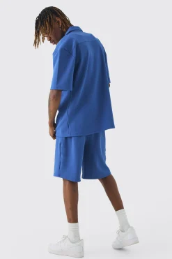 Tall Herringbone Detail Shirt & Short Set In Cobalt | BoohooMAN UK