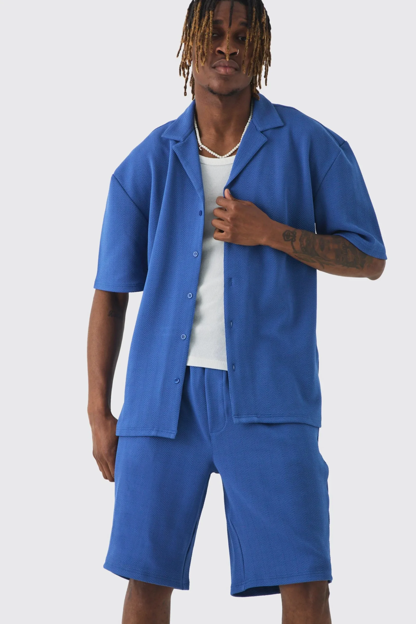 Tall Herringbone Detail Shirt & Short Set In Cobalt | BoohooMAN UK