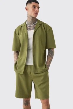 Tall Herringbone Detail Shirt & Short Set In Khaki | BoohooMAN UK