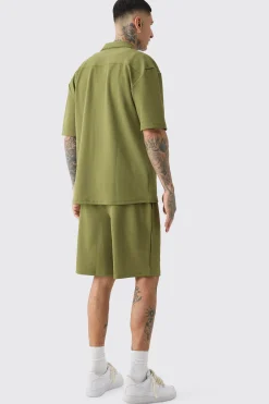Tall Herringbone Detail Shirt & Short Set In Khaki | BoohooMAN UK