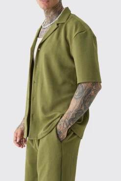 Tall Herringbone Detail Shirt & Short Set In Khaki | BoohooMAN UK