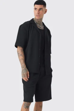 Tall Herringbone Detail Shirt & Short Set In Black | BoohooMAN UK