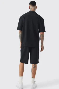 Tall Herringbone Detail Shirt & Short Set In Black | BoohooMAN UK