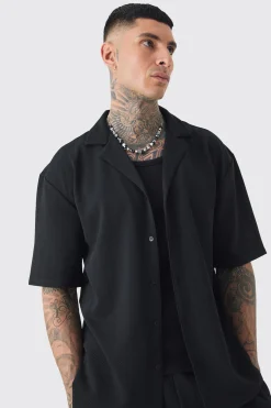 Tall Herringbone Detail Shirt & Short Set In Black | BoohooMAN UK