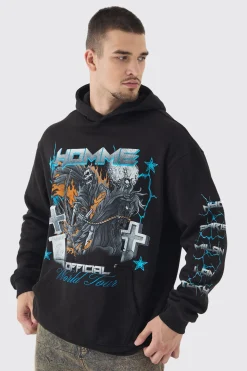 Tall Homme Cross Print Oversized Hoodie In Black | BoohooMAN UK