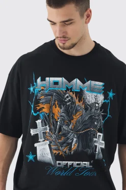 Tall Homme Cross Print Oversized T-shirt In Black | BoohooMAN UK