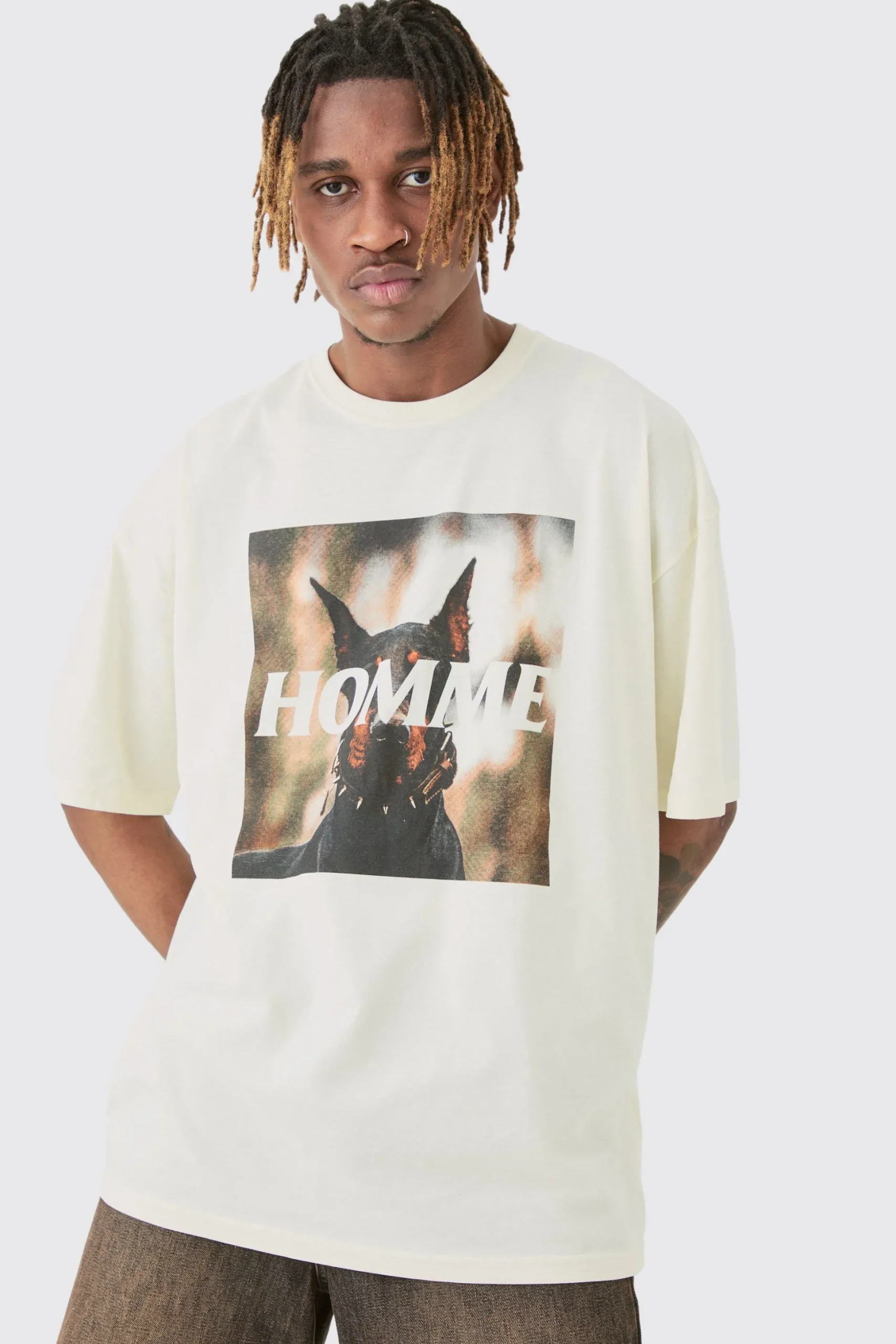 Tall Homme Dobermann Printed Graphic Oversized T-shirt | BoohooMAN UK