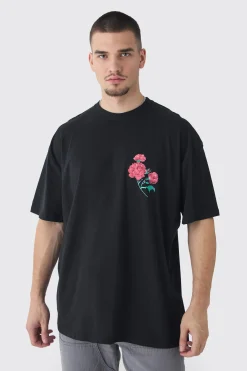 Tall Homme Floral Printed T-shirt In Black | BoohooMAN UK