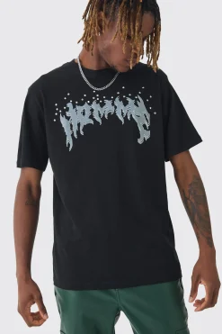 Tall Homme Rhinestone Printed T-Shirt In Black | BoohooMAN UK