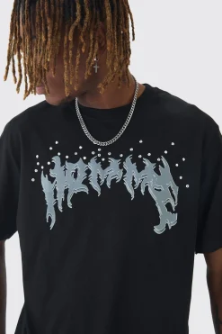 Tall Homme Rhinestone Printed T-Shirt In Black | BoohooMAN UK