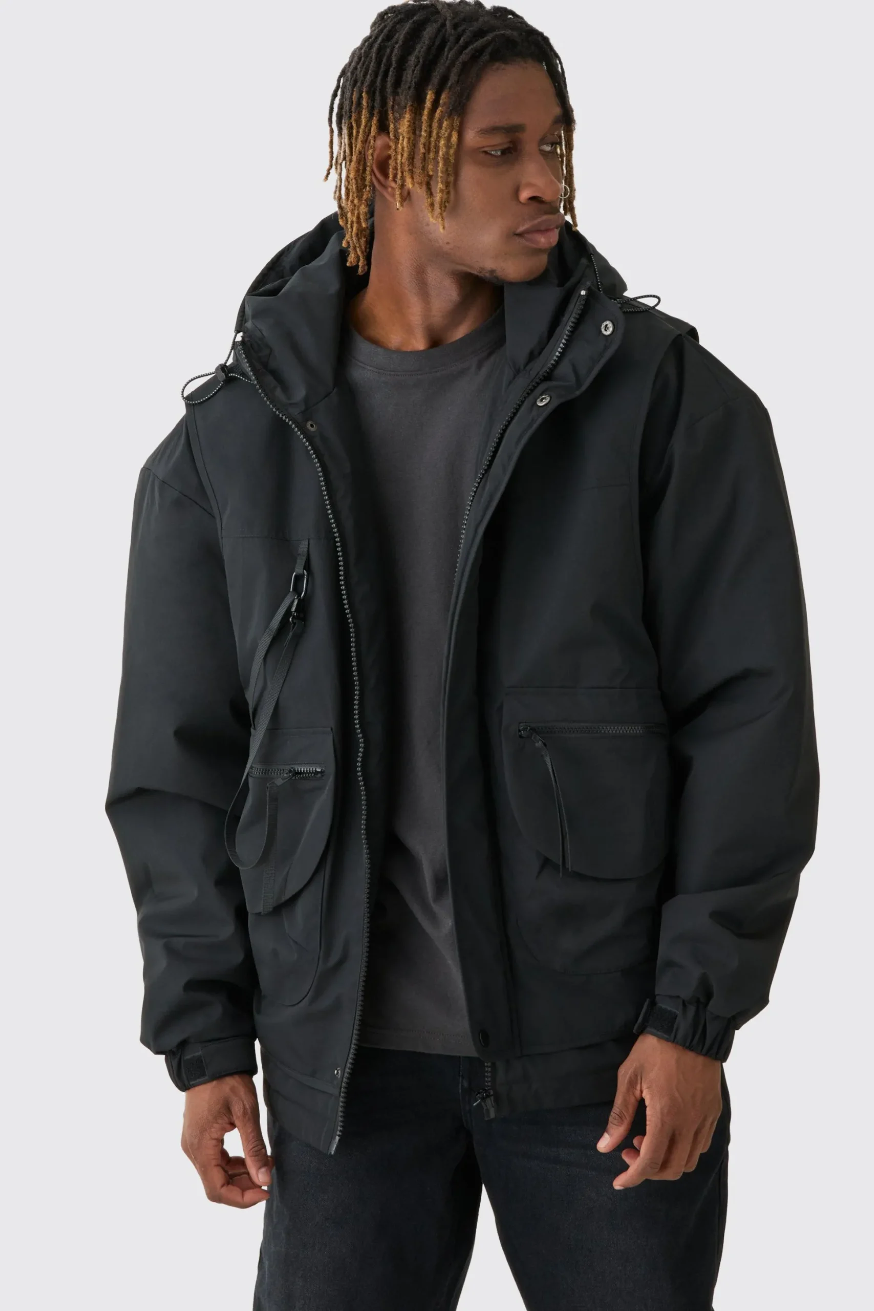 Tall Hooded Utility Tech Parka Jacket In Black | BoohooMAN UK