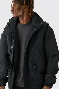 Tall Hooded Utility Tech Parka Jacket In Black | BoohooMAN UK