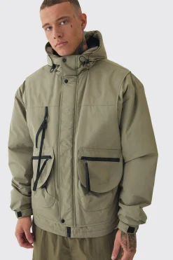Tall Hooded Utility Tech Parka Jacket In Khaki | BoohooMAN UK