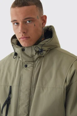 Tall Hooded Utility Tech Parka Jacket In Khaki | BoohooMAN UK