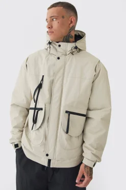 Tall Hooded Utility Tech Parka Jacket In Stone | BoohooMAN UK