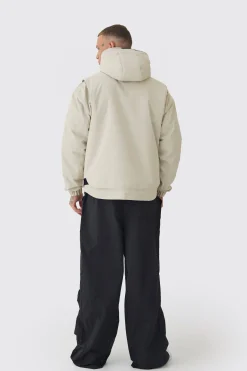 Tall Hooded Utility Tech Parka Jacket In Stone | BoohooMAN UK