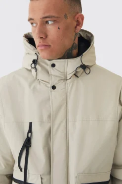 Tall Hooded Utility Tech Parka Jacket In Stone | BoohooMAN UK