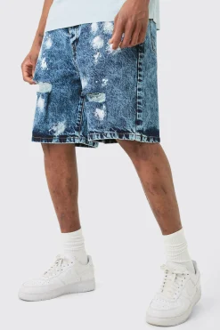 Tall Indigo Wash Paint Splatter Relaxed Denim Shorts | BoohooMAN UK
