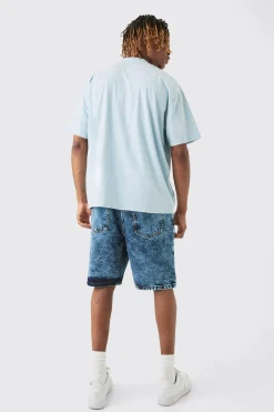 Tall Indigo Wash Paint Splatter Relaxed Denim Shorts | BoohooMAN UK