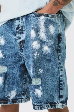 Tall Indigo Wash Paint Splatter Relaxed Denim Shorts | BoohooMAN UK