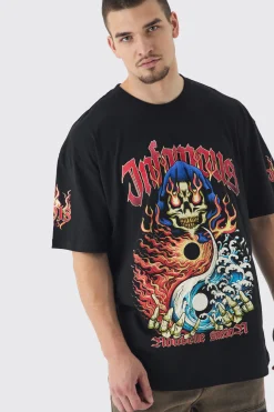Tall Infamous Flame Print Oversized T-shirt In Black | BoohooMAN UK
