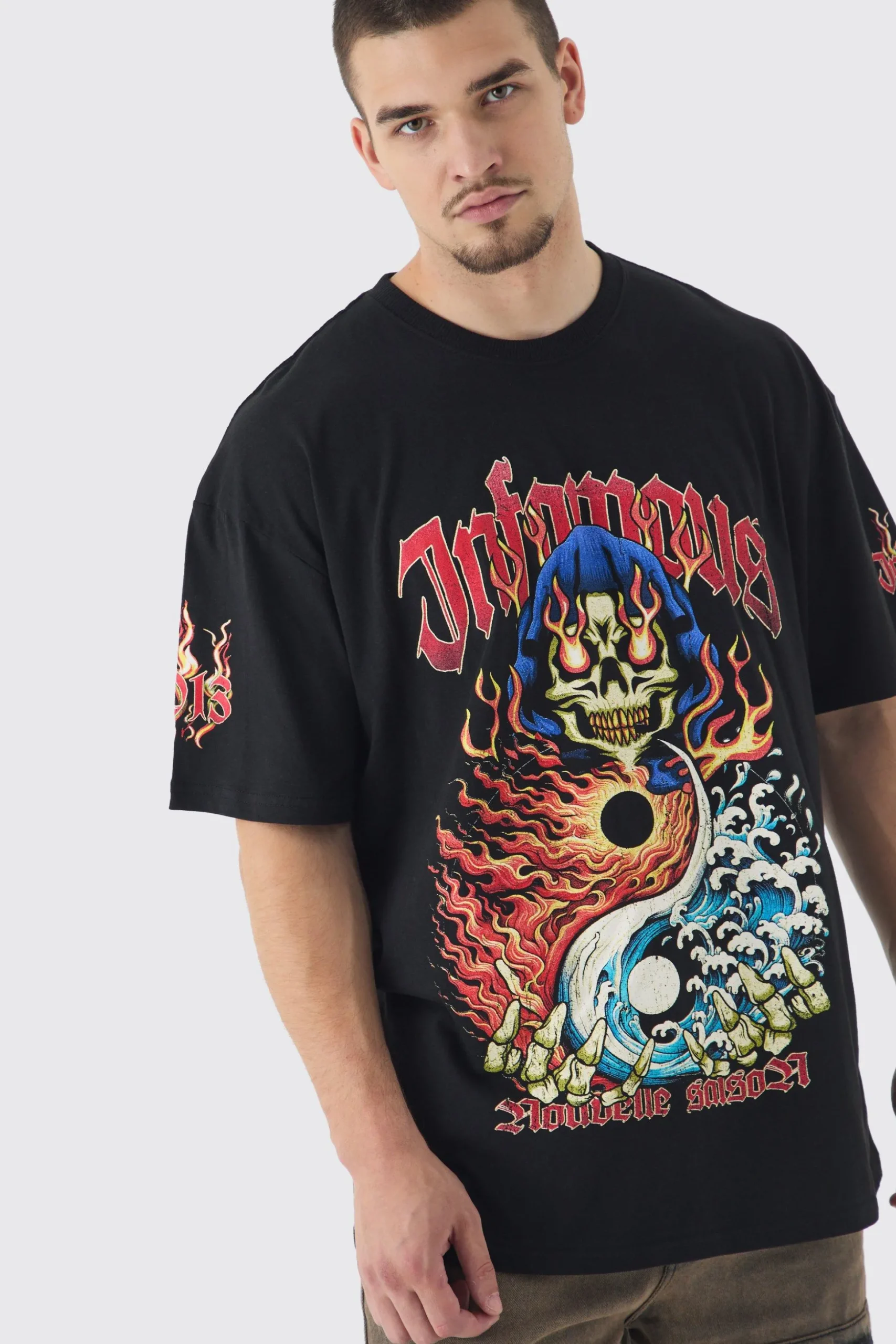 Tall Infamous Flame Print Oversized T-shirt In Black | BoohooMAN UK