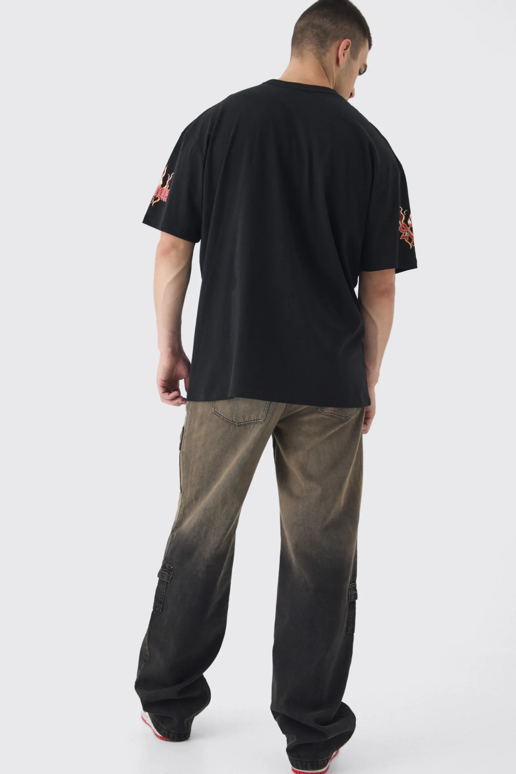 Tall Infamous Flame Print Oversized T-shirt In Black | BoohooMAN UK